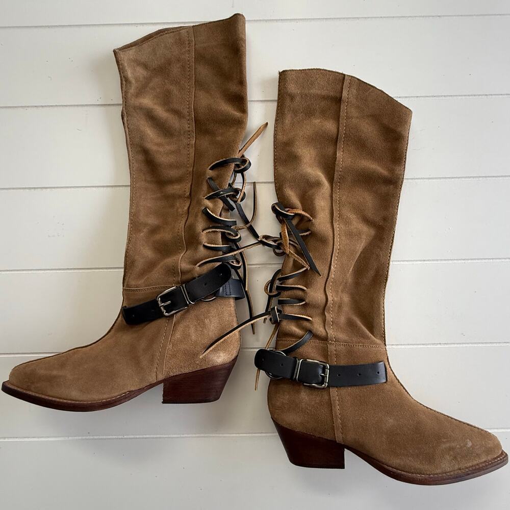 Free People slouch boots back-lace slouchy tall boots leather suede fringe - Picture 8 of 12